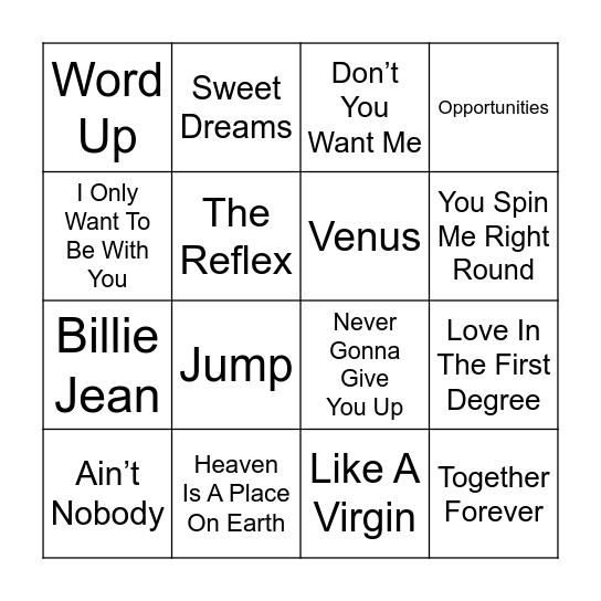 80s Synth Pop Speed Bingo Card