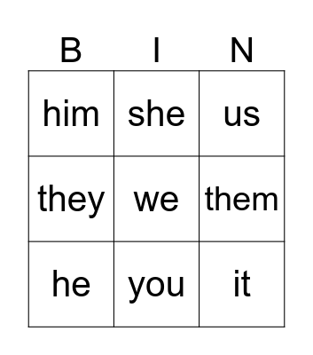 Pronoun Bingo Card