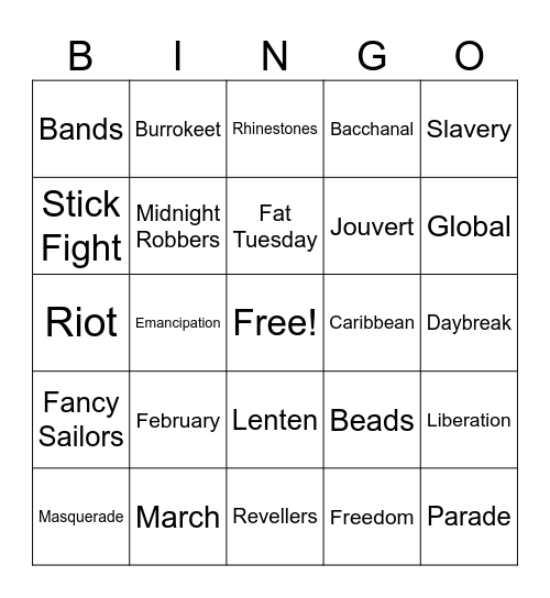 CARNIVAL Bingo Card