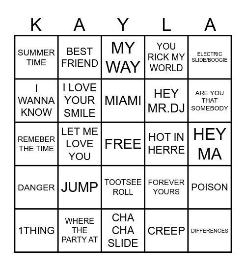 Kay 90s/00s Music Bingo Card