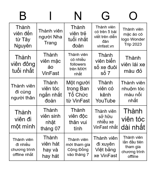 Thành viên Cộng Đồng VinFast Toàn cầu Bingo Card