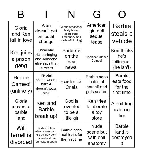 barbie movie bingo Card