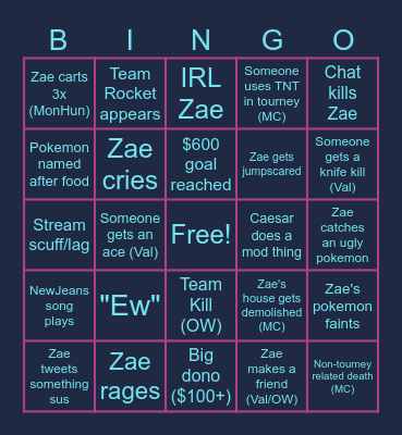 Zae's FRAXA Fundraiser BINGO Card