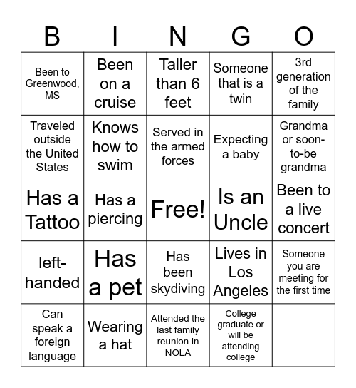 Austin-Johnson-Thornton Family Reunion Bingo Card