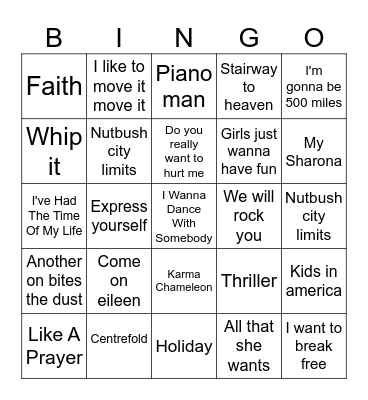 EHBC 70's and 80's Music Bingo Card