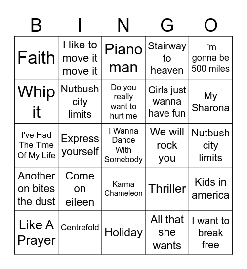 EHBC 70's and 80's Music Bingo Card