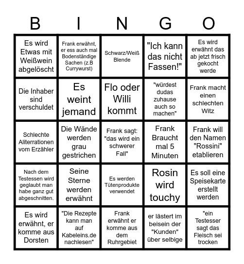 Rosins Restaurant Bingo Card