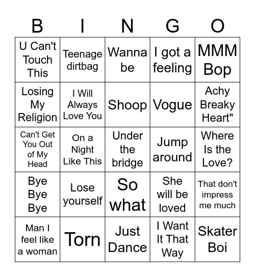 EHBC 90's to 00's Music Bingo Card
