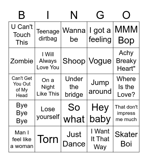 Macalister's 90's to 00's Music Bingo Card