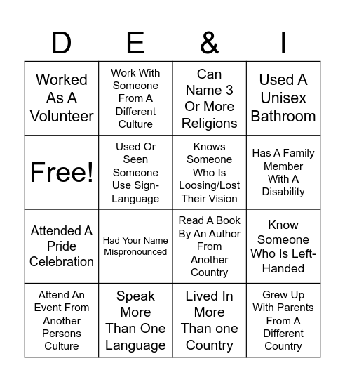DE&I Bingo Card
