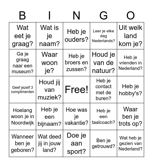 Kennismaking bingo Taalcafé Noordwijk Bingo Card