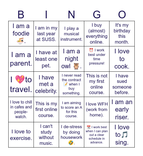 Mark all the squares that describe you 😊! Bingo Card