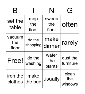 Household chores Bingo Card