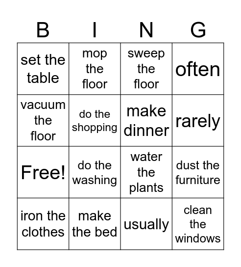 Household chores Bingo Card