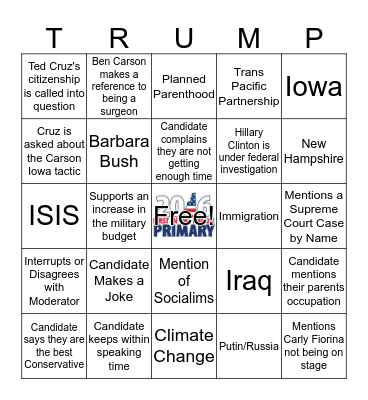 Republican Debate February 6,  2016 #1 Bingo Card
