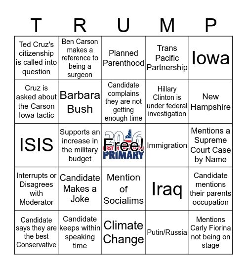 Republican Debate February 6,  2016 #1 Bingo Card