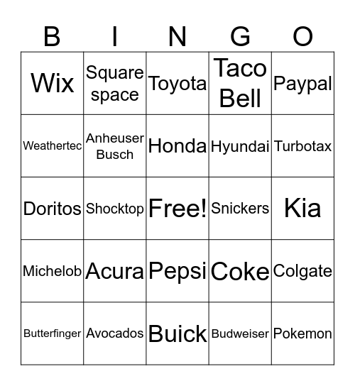 Superbowl 2016 Bingo Card