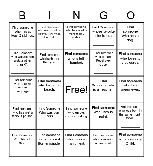 Find Someone Who Bingo Card