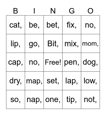 Open + Closed Syllables Bingo Card