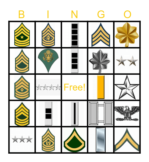 Army Rank Structure BINGO Card