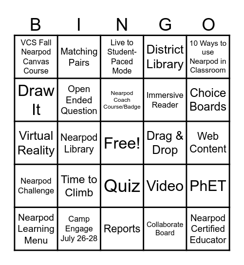 Back to School with Nearpod Bingo Card