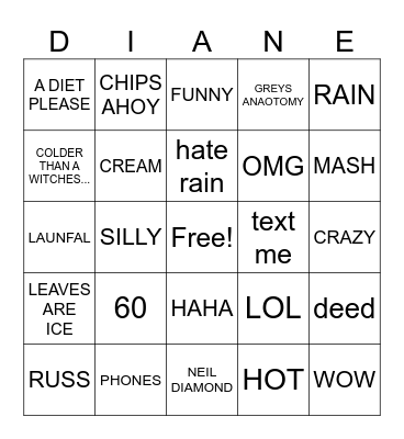 DIANE BINGO Card