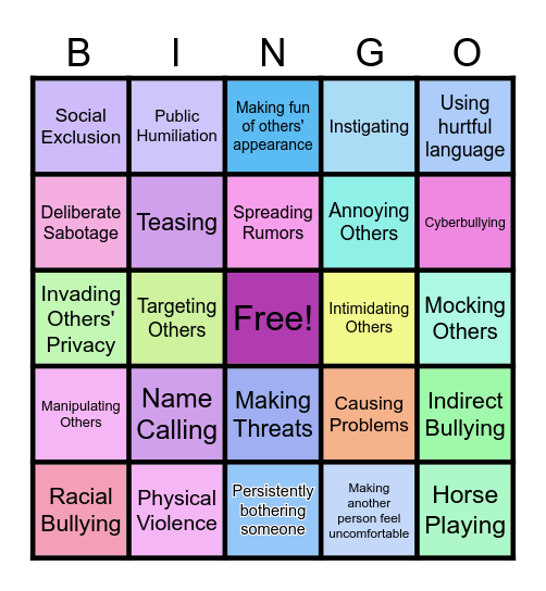 Bullying Bingo Card