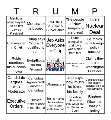 Republican Debate February 6,  2016 #3 Bingo Card