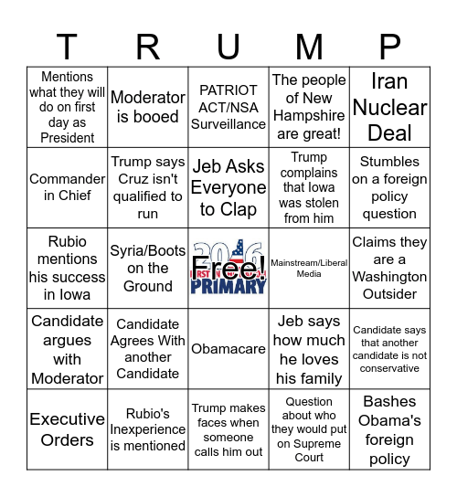 Republican Debate February 6,  2016 #3 Bingo Card