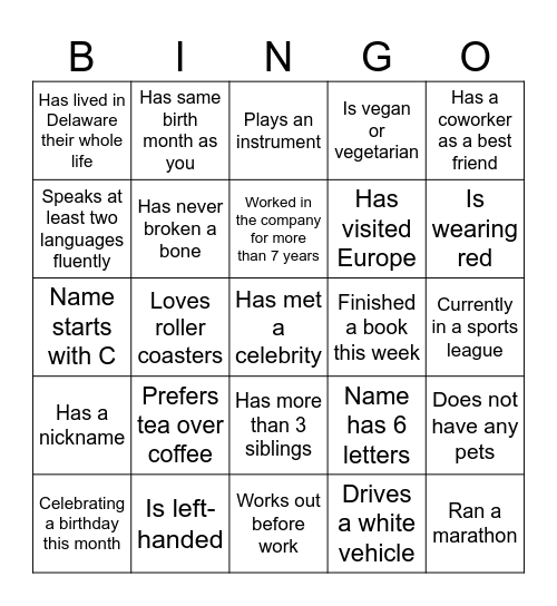 Icebreaker Bingo Card