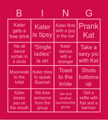 Kater’s Bachelorette Bingo Card