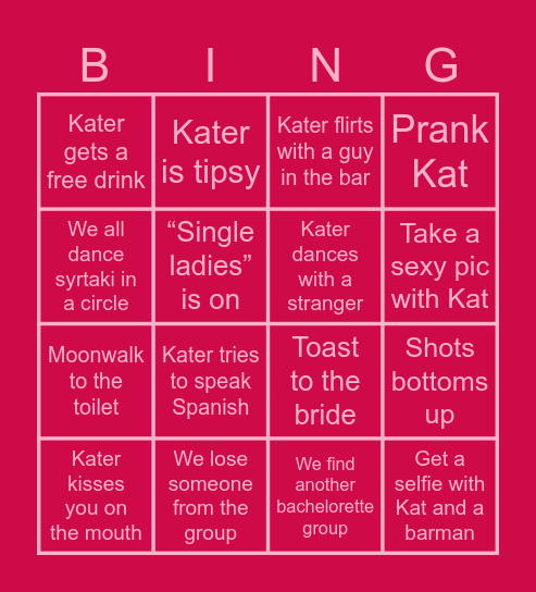 Kater’s Bachelorette Bingo Card