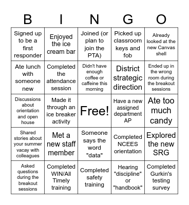 NWHS Opening Staff Meeting 8/21 Bingo Card