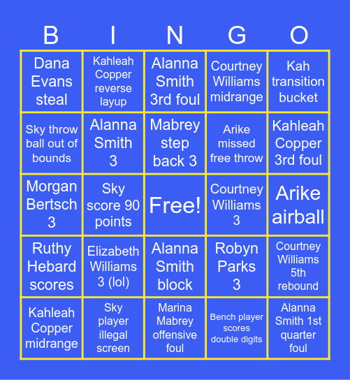 Chicago Sky Bingo with the Sky Townies Bingo Card