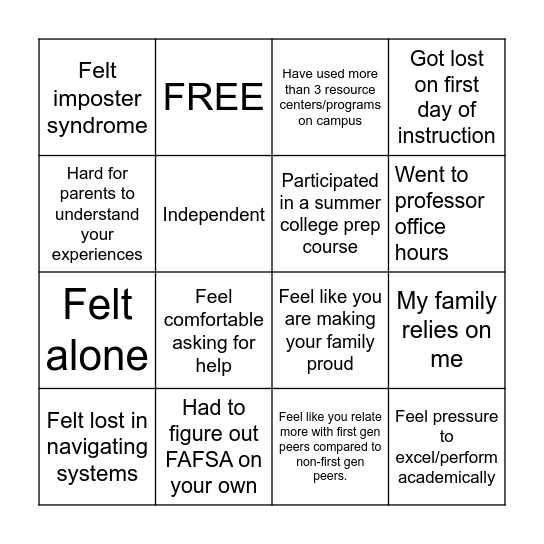 First Gen Experiences Bingo Card