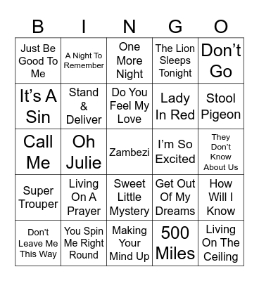 80's Hits with Sticks Bingo Card