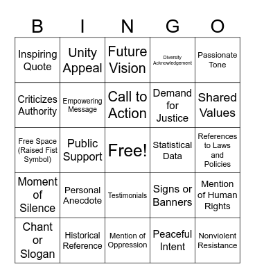 Protest Speech Bingo Card
