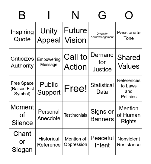 Protest Speech Bingo Card