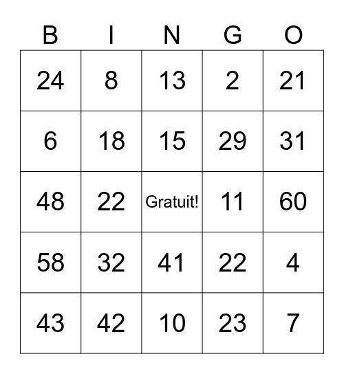 Les nombres 1 à 60 Bingo Card