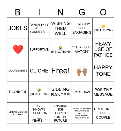 WEDDING SPEECH BINGO Card