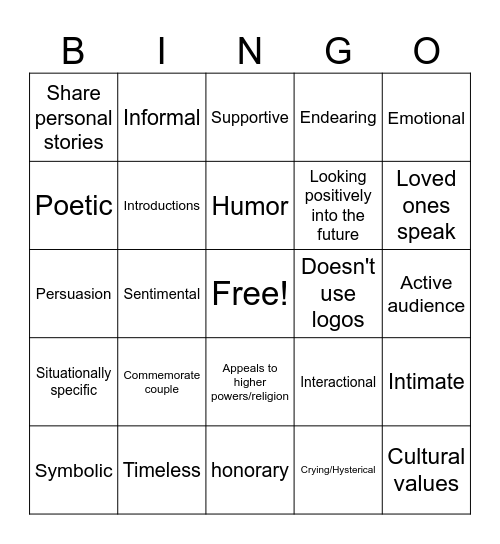 Wedding Speech/Toast Bingo Card