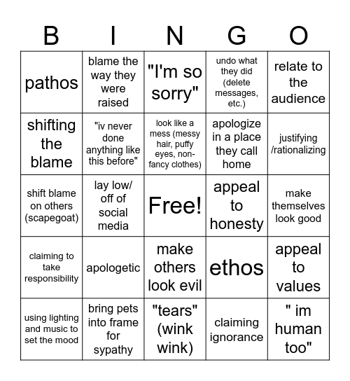 celerity apology video Bingo Card