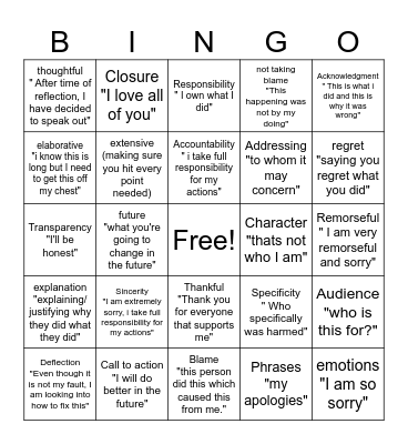 Apologia Bingo Card