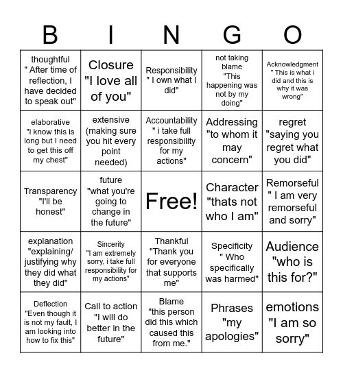 Apologia Bingo Card