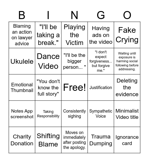 Celebrity Apology Bingo Card