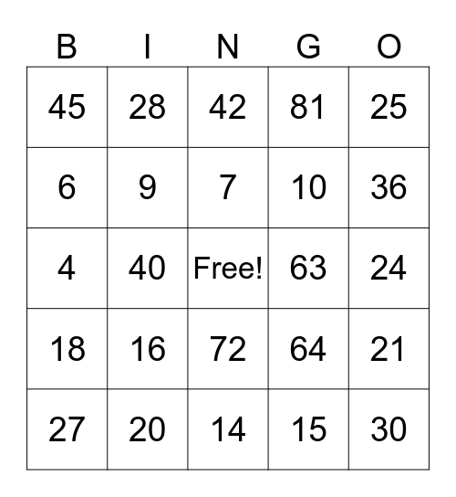 4th Grade Multiplication Bingo Card