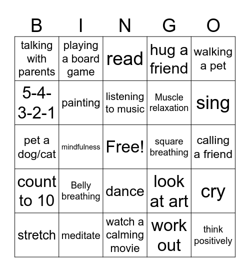 Coping Skills Bingo Card