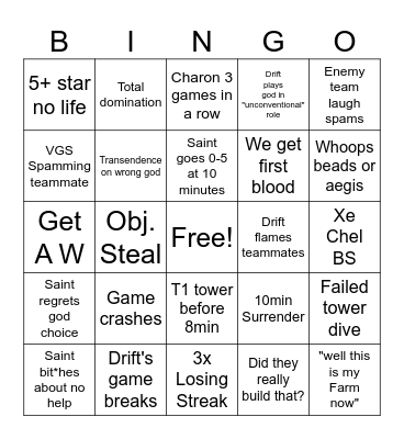 smite time Bingo Card