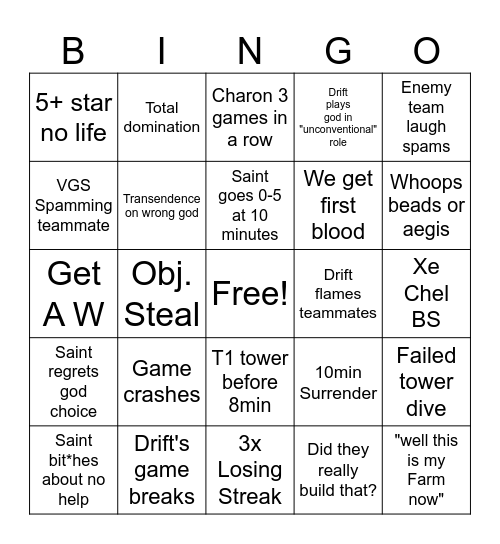 smite time Bingo Card