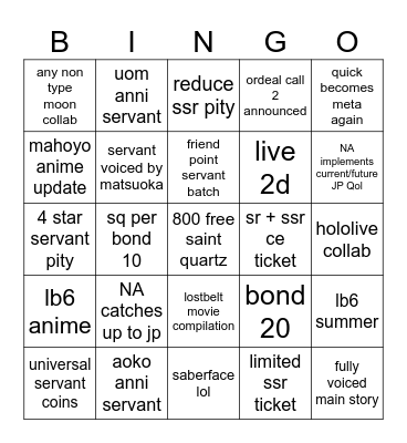 FGO 8th Anniversary Bingo Card